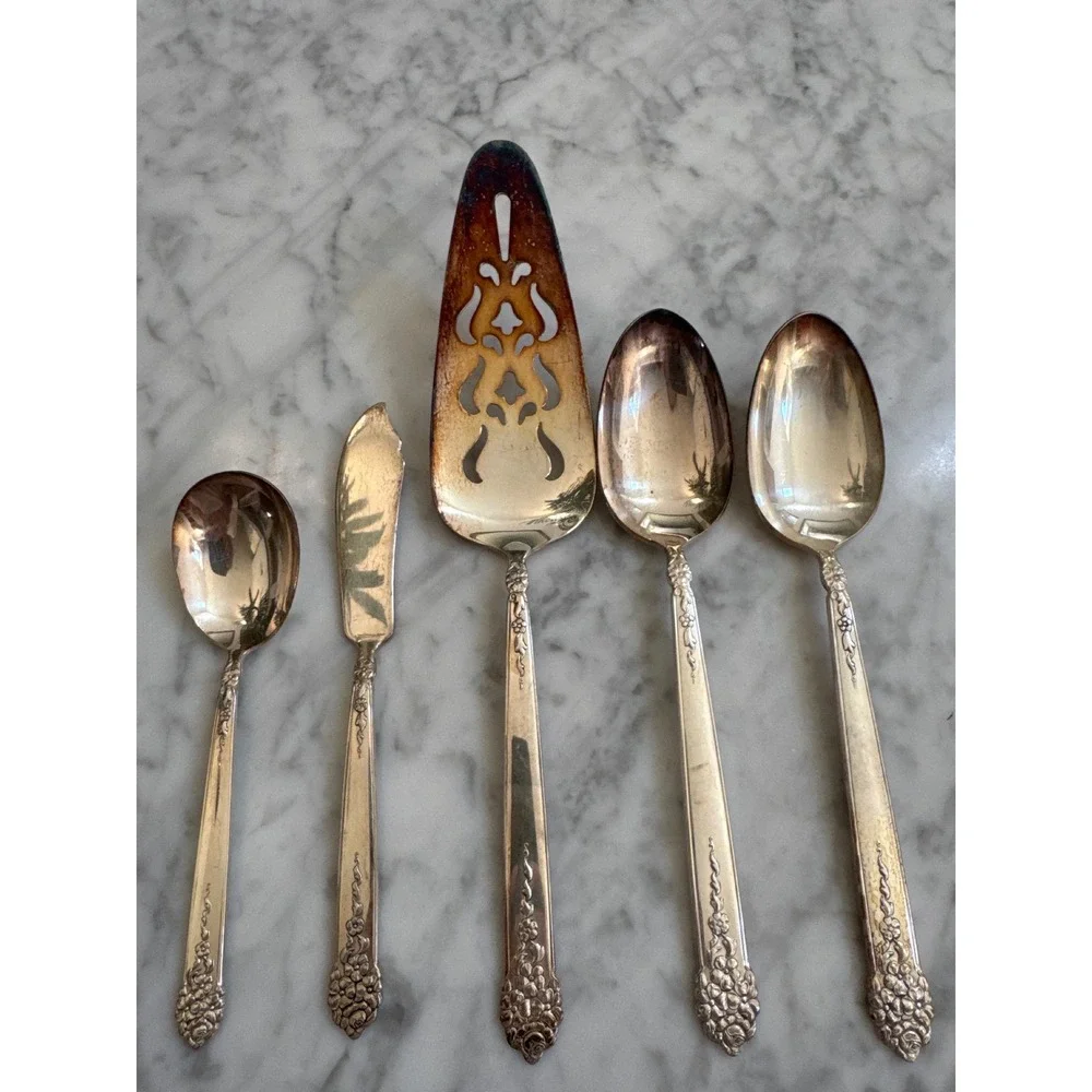 National Silver Co Moss Rose King Edward Silverplate 5pc Flatware Set 1949